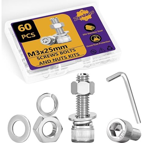 M3 Hex Head Screws and Nuts M3 x 25mm Stainless Steel Hex Socket Cap Screws and Washers with 1 Flat Wrench for 3D Printing Projects (60 Packs) (1/5)