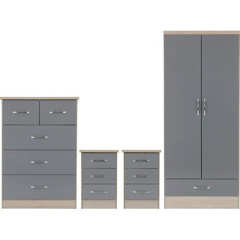 Nevada 2 Door 1 Drawer Wardrobe Bedroom Set - Grey Gloss/Light Oak Effect Veneer (1/4)