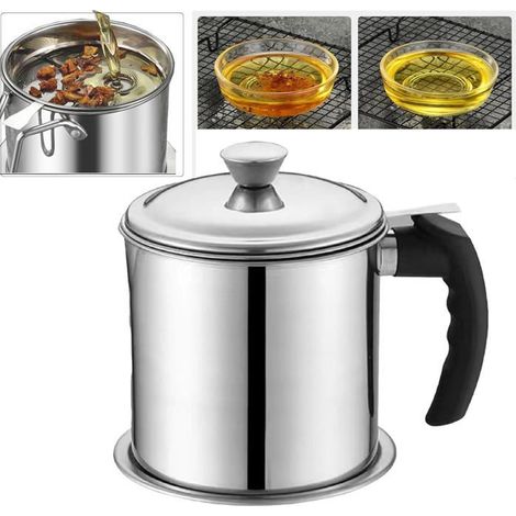 Bac récupération huile friture 1,4 L – Tamis, hermétique, poignée ergonomique – Cuisine propre – Inox (1/5)