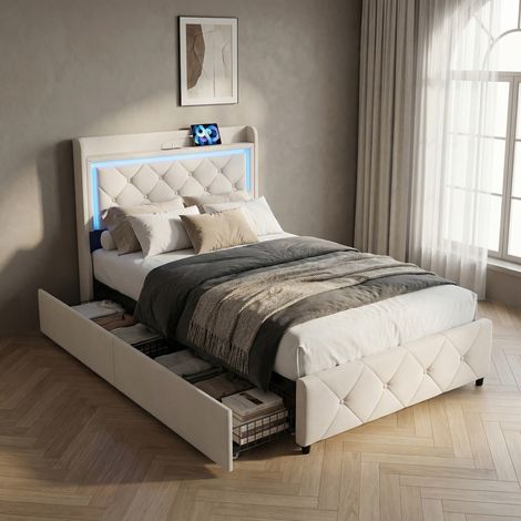 Letto con 2 cassetti 90x200, illuminazione LED e porte USB/Type-C, letto singolo, struttura letto imbottita in velluto con testiera trapuntata e mensola, Beige