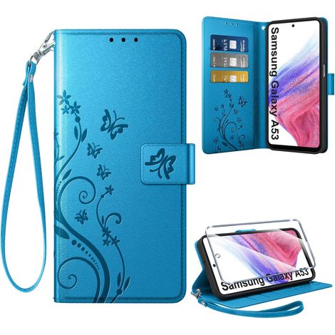 Coque pour Samsung Galaxy A53 5G + 1 Verre Trempé, Retro Design Housse Premium en Cuir PU Pochette de Portefeuille pour Porte Cartes Fonction Stand Flip Etui pour Samsung A53, Bleu (1/5)