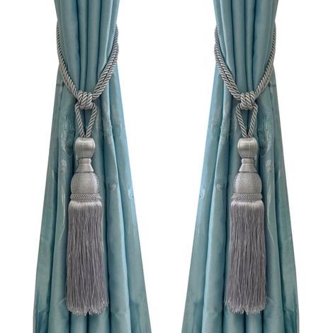 1 paire d'embrasses de rideaux à pompons en corde tressée avec boucle décorative (gris) (1/5)
