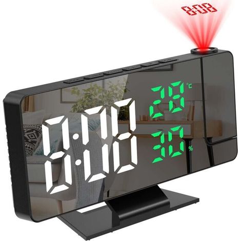 Reveil Projecteur Plafond,Réveil Projection, Horloge Digitale Projecteur 180°, Ecran Miroir 7.8", 4 Luminosités Réglable, Température et Humidité