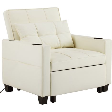 Canapé-lit 1 place convertible blanc, dossier multiposition, porte-gobelets, revêtement cuir régénéré, compact pour petit espace CHICFURN (1/5)