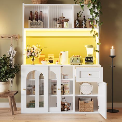 Buffet haut avec étagères ajustables, meuble de rangement pour vaisselle, armoire de cuisine lumineuse, vitrine salle à manger, meuble blanc avec éclairage LED intégré (1/5)