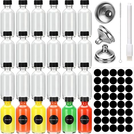 24 Mini Bouteille Verre 60ml, Bouteilles Miniatures Réutilisables avec Bouchons Noirs et Entonnoir, Petite Bouteille en Verre Vide, Mignonette Vide Pour Huiles Essentielles, Shots de Gingembre et Plus (1/5)