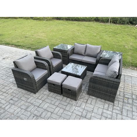Fimous Gartenmöbel Set Rattan Lounge Sofa Stuhl im Freien mit Gehärtetem Glastisch 2 Kleine Fußhocker 2 Beistelltische Dunkelgrau Gemischt (1/5)