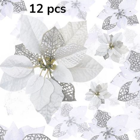 12 pièces - Fleurs ajourées de Noël - Fleurs scintillantes de Noël - Décoration pour sapin de Noël - 22 cm - Couronne de Noël en vigne - Argent - Fleurs artificielles - Décoration pour sapin de Noël - (1/5)
