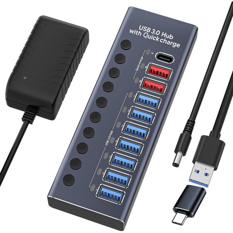 Hub USB Active 3.0, Alimentation 72 W (24 V3 A), Hub USB 10 en 1 (7 Ports de Transfert de données USB 3.0 et Chargeur Rapide 3 Ports) (1/5)