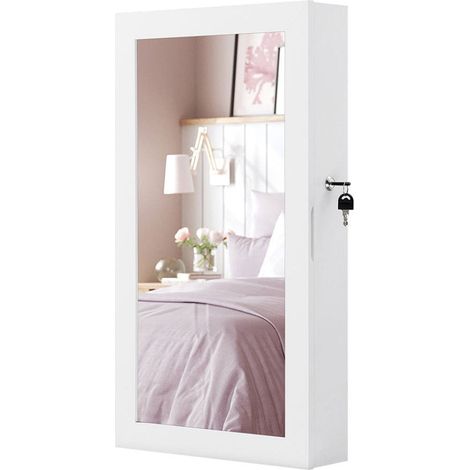 Armoire à bijoux mural armoire de rangement avec miroir psyché 10 x 37 x 67 cm serrure grande capacité blanc