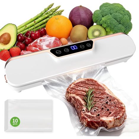 Machine sous vide pour aliments, 62 kPa, 10 sacs inclus, minuterie numérique, modes aliments secs/humides, format compact pour le rangement en cuisine. (1/5)