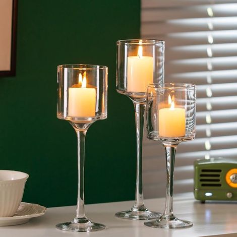 MTTProducts，Portavelas para velas de té，Juego de 3，Elegantes portavelas de cristal para velas de té，20/23/26 cm，Perfectos para bodas y cenas (1/5)