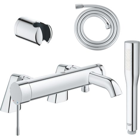 Pack mitigeur mécanique GROHE Essence avec colonnettes + Douchette 1 jet Vitalio Get Stick + Flexible 1750 mm et support