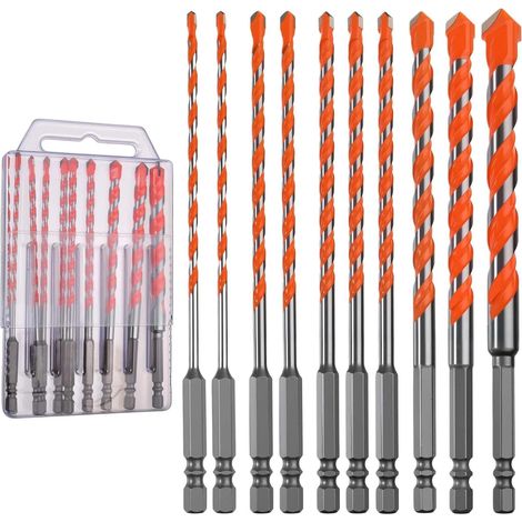 Set de 10 Forets Béton Verre Brique Ciment Carrelage Marbre 5/32" à 1/2", Queue Hexagonale Anti-choc Pointe Carbure, Longueur 15cm, Pour Bricolage (1/4)