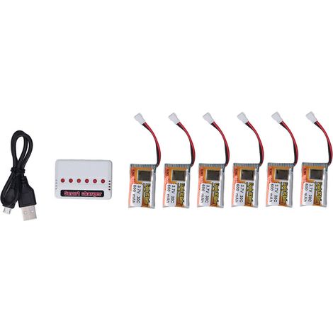 6 pièces Batterie Li-Po 1S 30C 600mAh 3.7V avec Connecteur XH2.54 Blanc et Chargeur pour Voiture RC Drone (1/5)