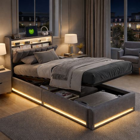 Lit coffre 90x200 cm, lit simple avec LED et USB, lit capitonné avec sommier à lattes, espace de rangement hydraulique et tete de lits, gris (1/5)