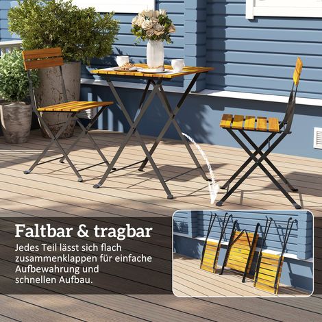 Ensemble repas 2 places 3 éléments, table escamotable avec 2 chaises pliantes pour balcon/terrasse, en teck (1/4)