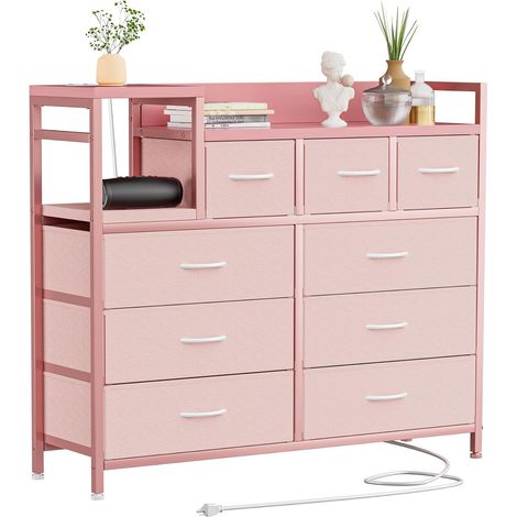 GARVEE - Commode 9 Tiroirs 124 cm GARVEE – Rangement Tissu Aéré avec Prises USB, Meuble Multi-fonction pour Chambre et Salon() (1/5)
