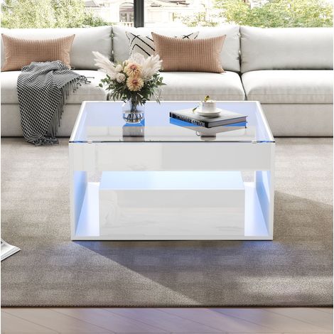Mesa de centro cuadrada 70x70x35 cm blanca con LED y almacenaje, MDF y vidrio templado MEUBLIV (1/5)