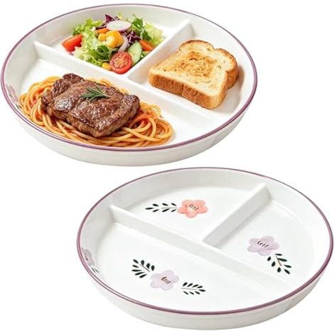 Assiette Compartiment Adulte,2 Pièces 20CM Assiette Divisée En Céramique,Assiettes Divisées En Céramique,Assiette Controle De Portion Pour Adultes,Salades,Desserts,Collations,Fêtes,Goûters (1/5)