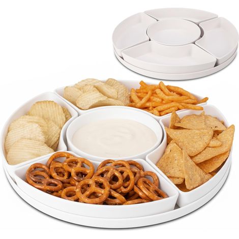 Assiettes à collation à 5 compartiments - Blanc (mélamine) - Plateau de service de 30 cm de diamètre - bol à fruits, boîte à goûter et plateau de service pour sauces (1/5)