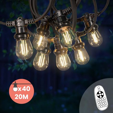 Guirlande Guinguette 20M 40 Bulbes Filament Blanc Chaud avec Variateur de Luminosité et Télécommande - Guirlande Lumineuse Ampoule E27 Transparente à Intensité Variable - Guirlande Guinguette Led