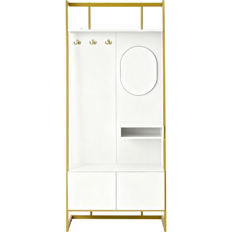 Kompakte Garderobe für den Flur mit Spiegel, Metallhaken und Schuhfach, Weiß (1/5)