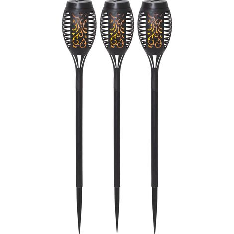 Star Trading Kit de bornes solaires Flame Mini, 3 pièces, noir, LED, capteur crépusculaire, jaune, effet scintillant, extérieur, 40 cm