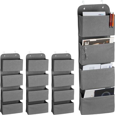Relaxdays 4x Hanging Organiser, 4 Compartments, Hanging Door Storage, Office, Bedroom, Bathroom, Fold-away, Hooks, Grey