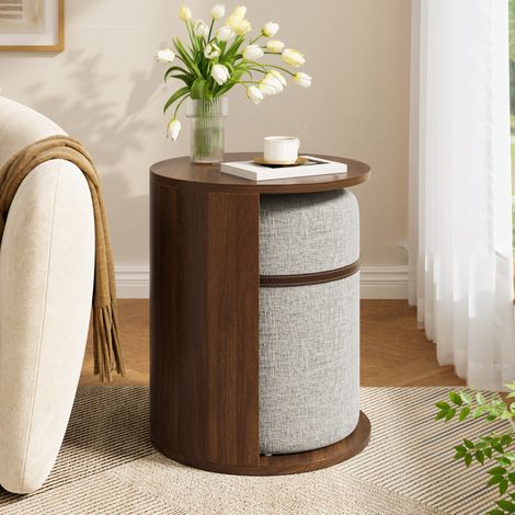 Runder Beistelltisch mit integriertem Hocker, 38 x 38 x 47,5 cm, MDF und Kiefer, Walnuss OKMYHOME (1/5)