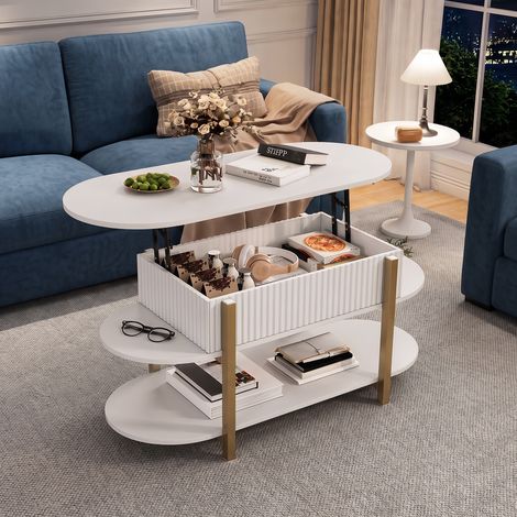 VASIEN – Table basse relevable blanc – Rangement ouvert et compartiments cachés – Table centrale pour salon– Plateau ajustable 50-63 cm – Acier et aggloméré (1/5)