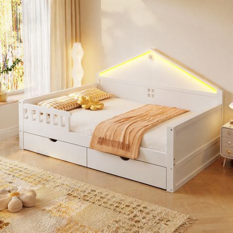 140x200 Bett mit LED, 2 Schubladen und Lattenrost, Weiß und Grau OKMYHOME (1/5)