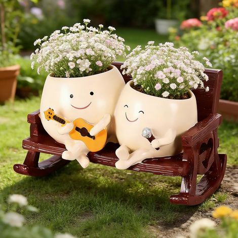 Pot de fleurs à visage, pots de fleurs amusants avec trou de drainage, pot de fleurs en résine avec visage, pour l'intérieur et l'extérieur, décoration, cadeau pour les amoureux des plantes (chantant) (1/5)