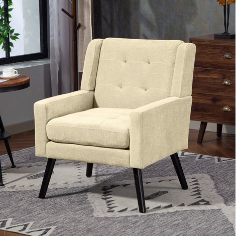 Sessel beige aus Leinen mit Tufting, Massivholzbeinen und hoher Sitzpolsterung (1/5)