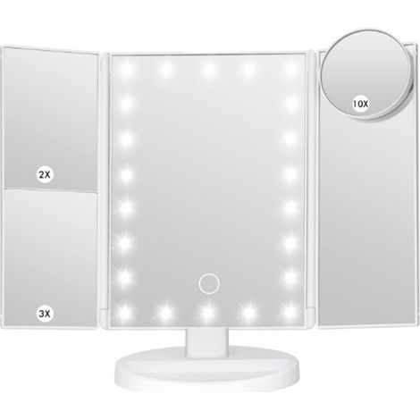 Specchio per trucco con 22 luci LED, pieghevole, ingrandimento 1X/2X/3X/10X, Specchio per trucco con illuminazione touch, Supporto USB, Bianco (1/4)