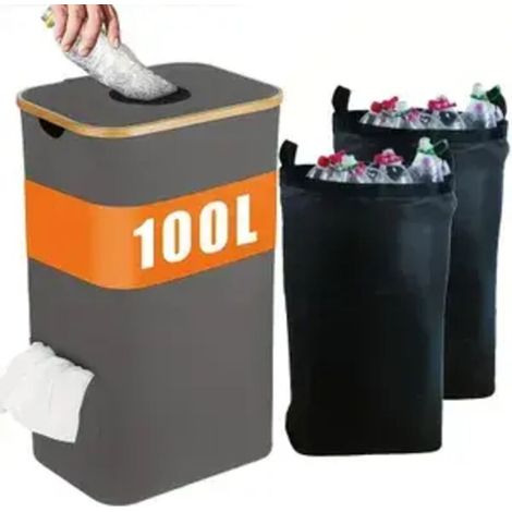 100L Pfandflaschen Aufbewahrung mit Deckel,Inklusive 2 wiederverwendbare Innentaschen,Für Küche,Büro,Outdoor,Groß Behälter Flaschensammler,Mülleimer,Lagerbehälter, Grau. (1/5)