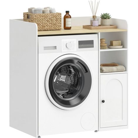 Meuble machine à laver - HOMCOM - compartiments ouverts et porte à fermeture douce - bois - 60x20x170cm - blanc et naturel