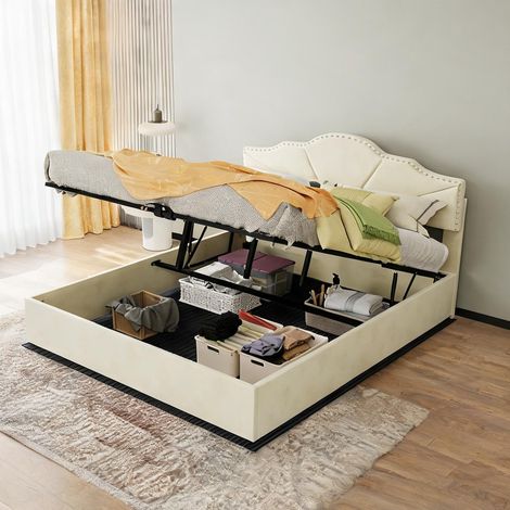 Tête de lit beige en tissu métal 200 x 160 x 156 cm (1/5)