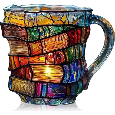 3D bemalte Glas-Buchtasse (kein Harz) für heiße und kalte Getränke – Kaffeetasse mit Bibliotheksmotiv, Geschenk für Buchliebhaber, Schriftsteller – bunt, hitzebeständig und bruchsicher (A) (1/5)
