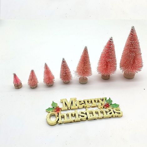 Mini sapin de Noël, décoration de bureau à faire soi-même, aiguilles de pin enneigées, couronne de Noël, mini sapin de Noël - Sapin en chanvre rose de 10 cm -