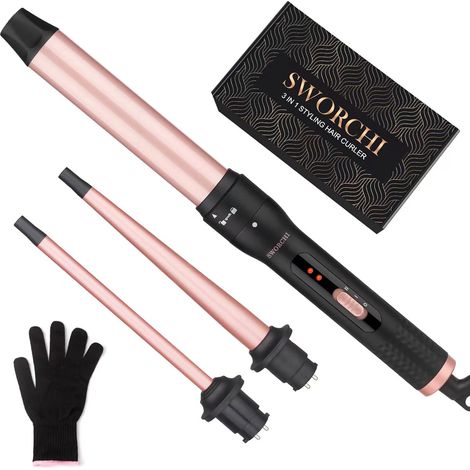 Hair Curler 3 in 1 Ceramic Hair Curler  Adjustable Temperature Interchangeable 9-32 mm Curling Iron for Long Short Hair with Glove (1/5)