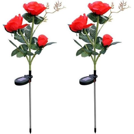 Ghirlanda luminosa a 2 pezzi con rose, illuminazione da giardino a energia solare, illuminazione decorativa per esterni, rose a tre petali, 10 x 10 x 80 cm, per vialetti, illuminazione da terra (1/5)