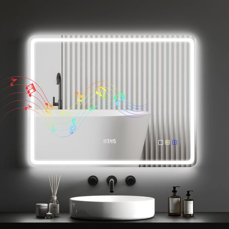 Espejo de baño Irovami con iluminación LED, tratamiento antivaho, 3 colores ajustables, reloj, 700 x 900 mm, color plata