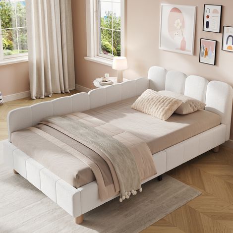 Einzelbett 90x200 cm Beige Bouclé mit gepolstertem Kopfteil, Rausfallschutz und Stauraum (1/5)