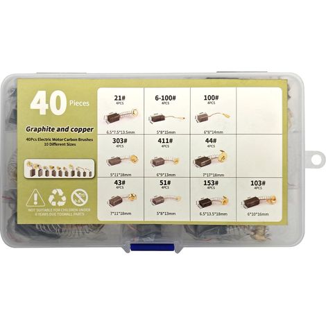 Set di 40 spazzole di carbone per motori, 10 diverse misure, adatte alla sostituzione delle spazzole del motore durante la riparazione di utensili elettrici. (1/5)