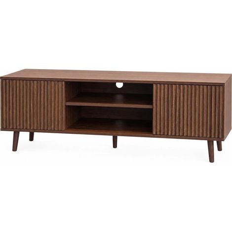 Mueble TV 138 cm efecto nogal con puertas acanaladas y estantes abiertos (1/5)