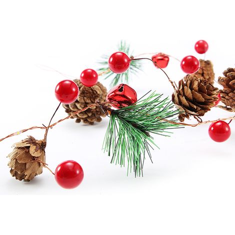 Guirlande Lumineuse LED avec Cônes de Pin, Baies Rouges et Clochettes pour Décoration de Noël Intérieur Extérieur