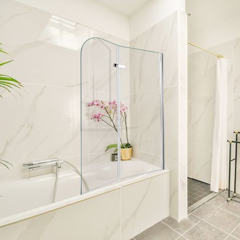 TolleTour Duschwand Badewanne 100 x 140 cm, 2-teilig faltbare Badewannenfaltwand, Badewannenaufsatz aus 6 mm ESG Sicherheitsglas, 180° schwenkbar, Silber Transparent (1/5)
