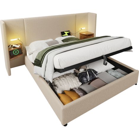 Lit coffre 160x200 avec tête de lit tablette, lampe de lecture USB Type-C, structure métal et bois, beige, tissu – CHICFURN (1/5)