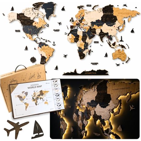 Carte du monde en bois avec rétroéclairage LED 3D 130 cm - Cadeau idéal pour un voyageur (1/5)